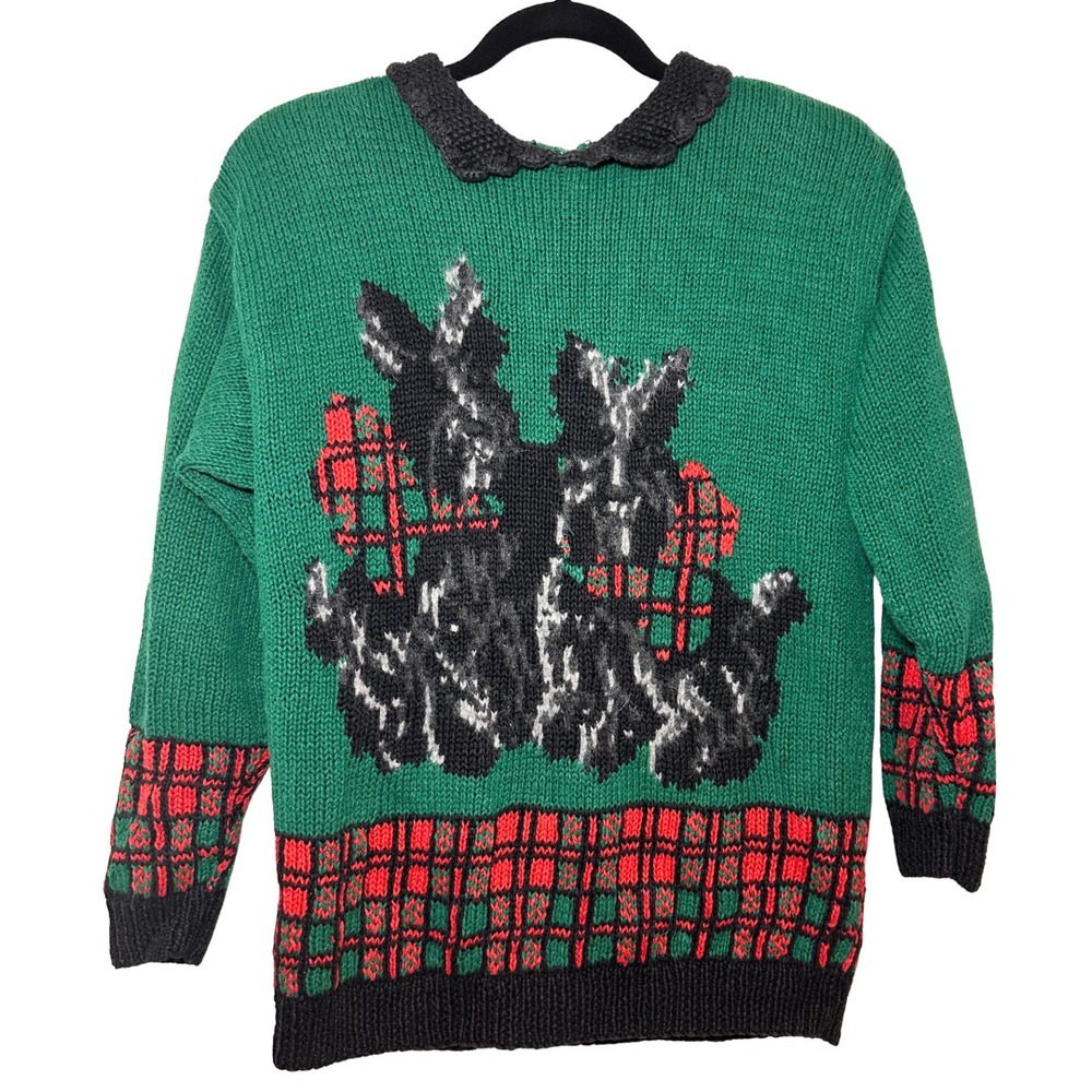 Vtg Talbots Green‎ Scottie Dog Women's Christmas Sweater Size Small Plaid Knit